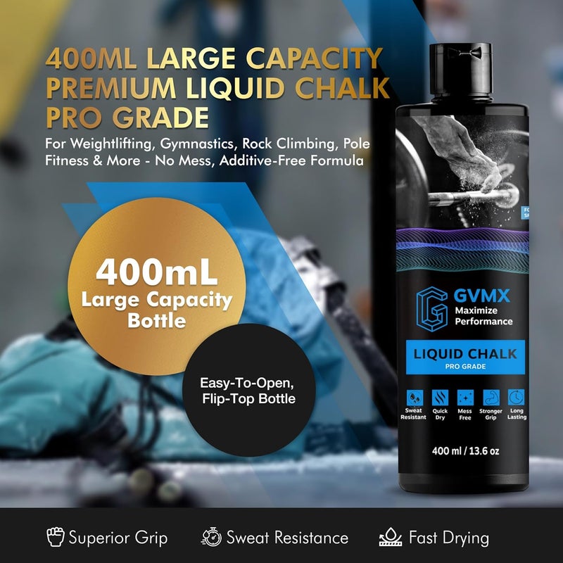 GVMX 50ML/100ML/400ML Superior Grip Premium Liquid Chalk. Long Lasting Mess-Free Gym Chalk for Weightlifting, Gymnastics, Climbing. Fast Drying Refillable Gym Accessories. Package May Vary. - Image 1